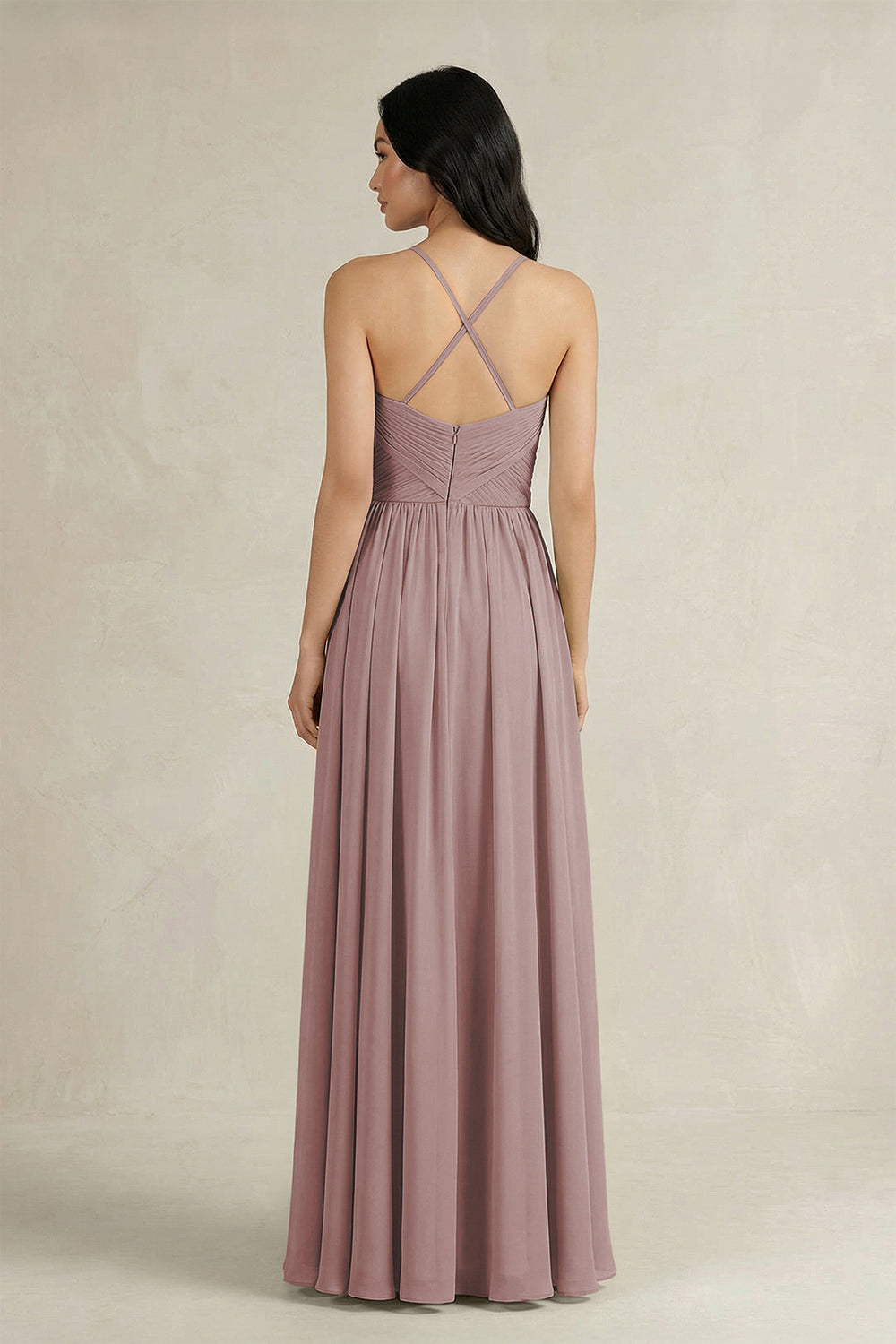 A-Line Pleated Spaghetti Strap Chiffon Bridesmaid Dress in Dusty Rose