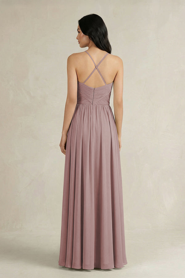 Dusty Rose A-Line Pleated Spaghetti Strap Chiffon Bridesmaid Dress (2) | KISSBRIDAL