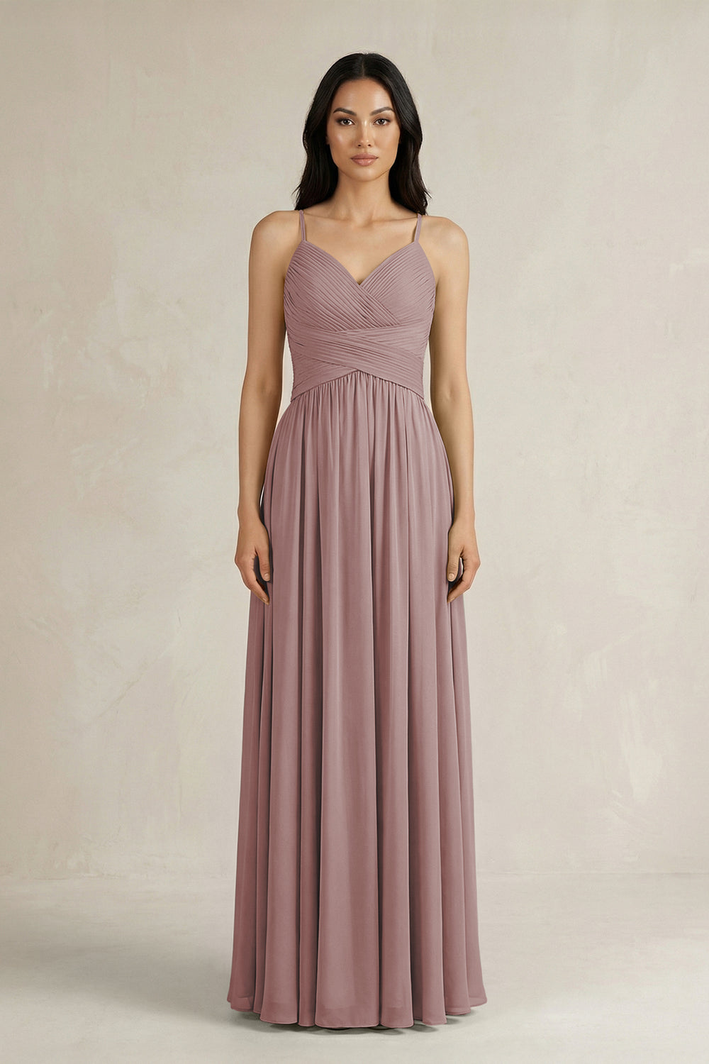 A-Line Pleated Spaghetti Strap Chiffon Bridesmaid Dress in Dusty Rose