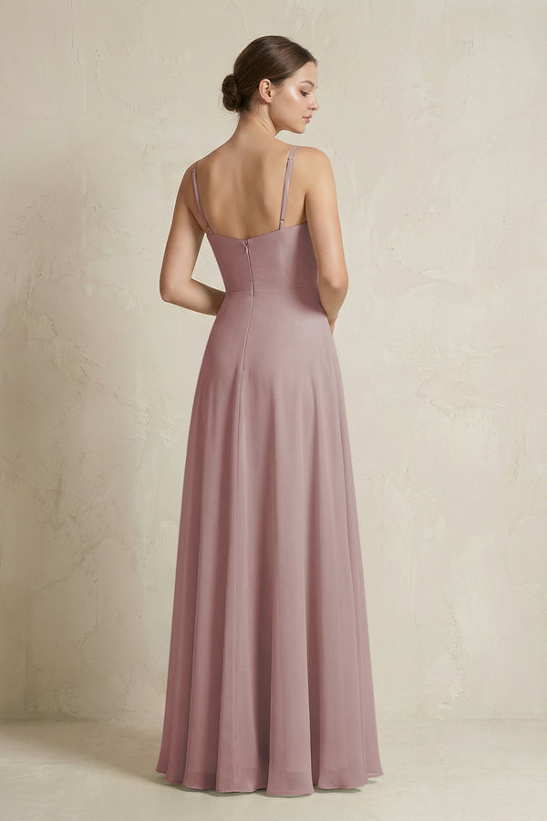 Dusty Rose A-Line Ruffled Spaghetti Strap Chiffon Bridesmaid Dress (2) | KISSBRIDAL