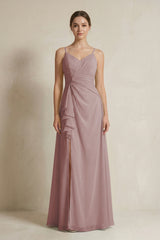 Dusty Rose A-Line Ruffled Spaghetti Strap Chiffon Bridesmaid Dress | KISSBRIDAL
