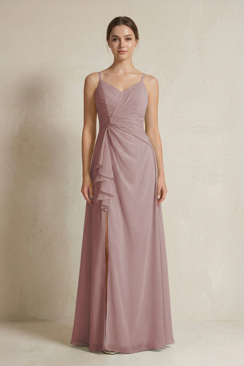 Dusty Rose A-Line Ruffled Spaghetti Strap Chiffon Bridesmaid Dress | KISSBRIDAL