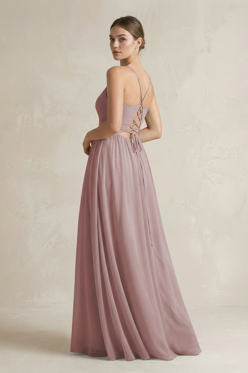 A-Line Spaghetti Strap Chiffon Bridesmaid Dress in Dusty Rose