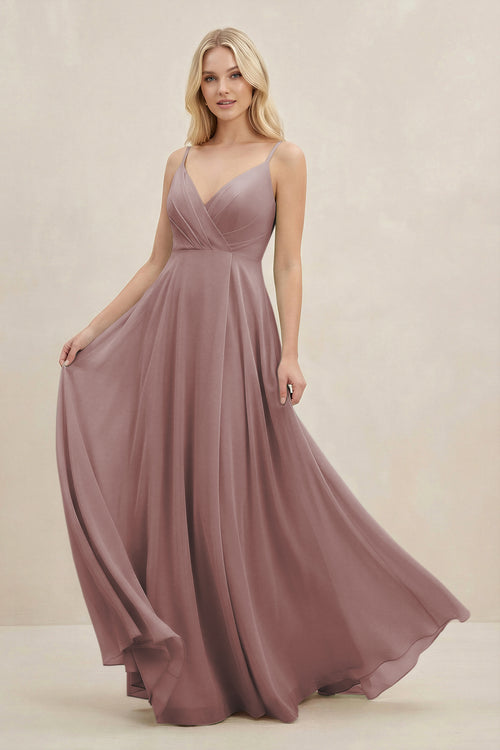 Dusty Rose A-Line Spaghetti Strap Chiffon Bridesmaid Dress | KISSBRIDAL