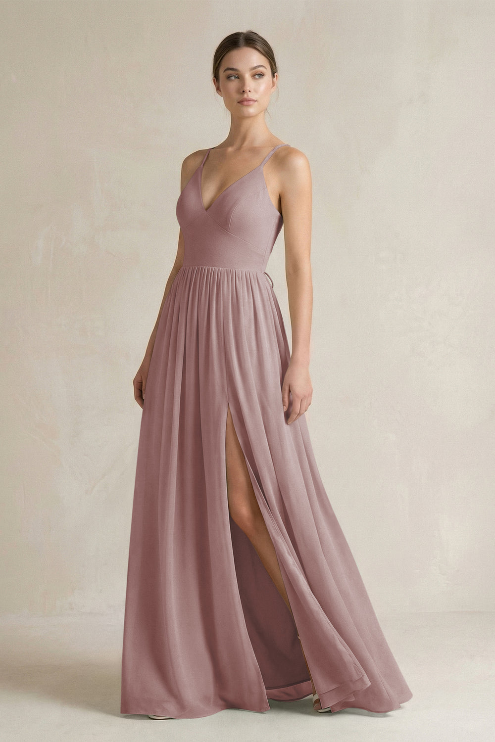 A-Line Spaghetti Strap Chiffon Bridesmaid Dress in Dusty Rose