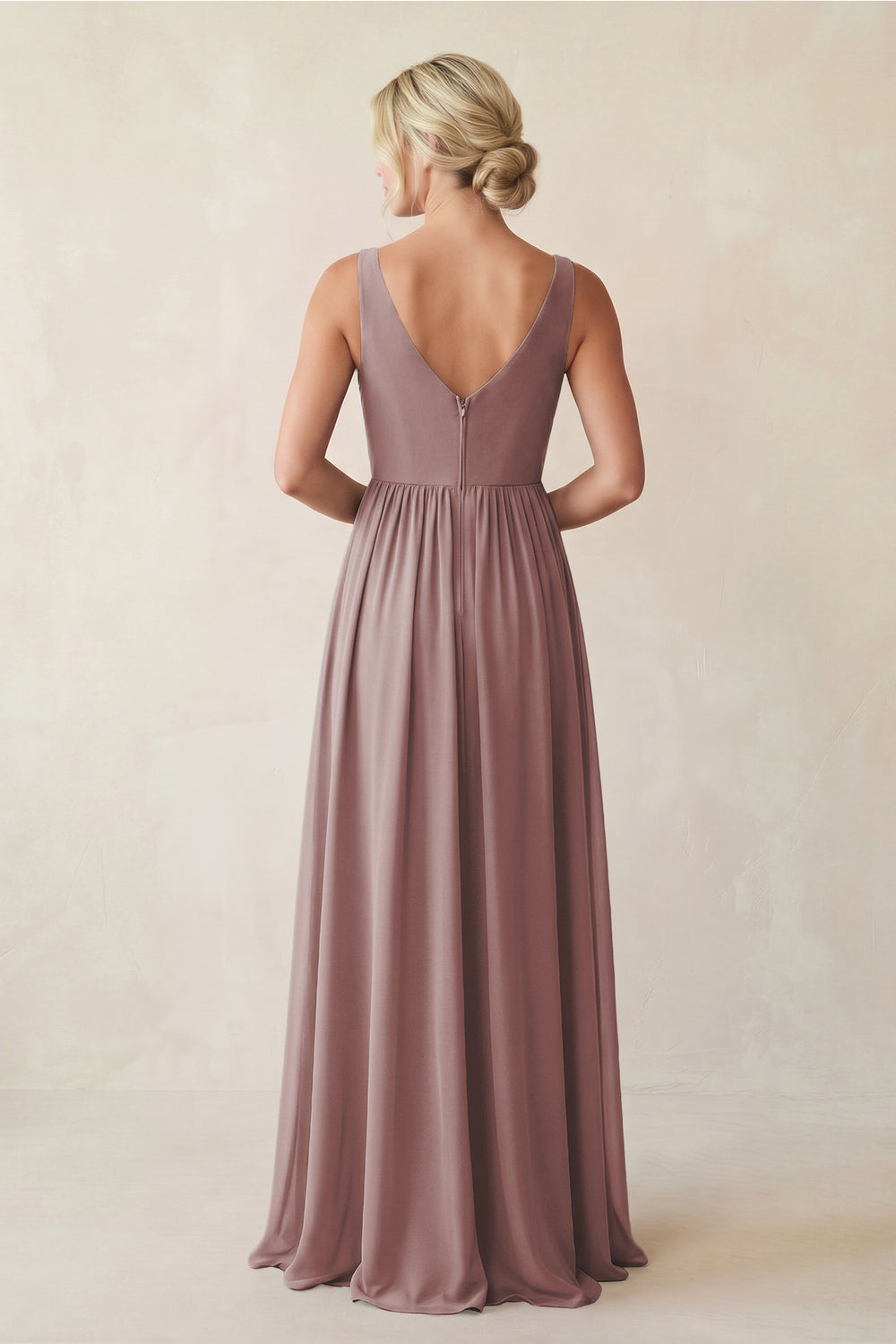 A-Line V-Neck Pleated Chiffon Bridesmaid Dress in Dusty Rose