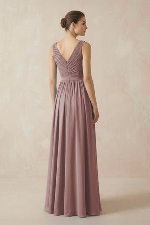 Dusty Rose A-Line V-Neck Pleated Chiffon Bridesmaid Dress (2) | KISSBRIDAL