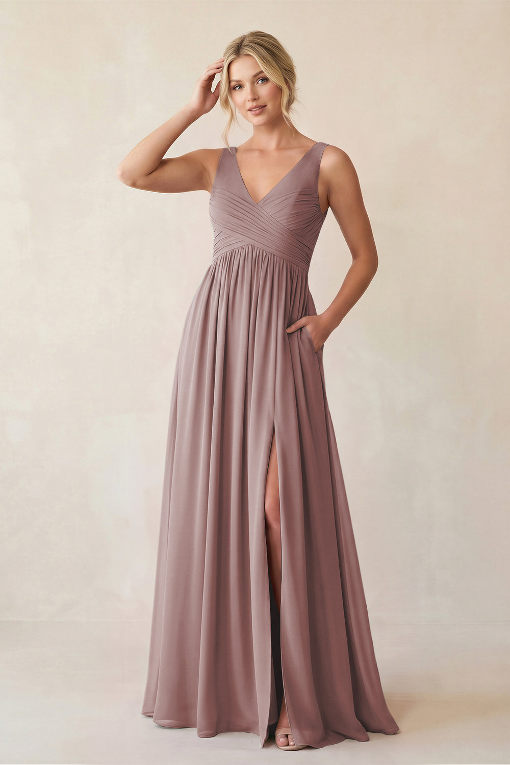 A-Line V-Neck Pleated Chiffon Bridesmaid Dress in Dusty Rose