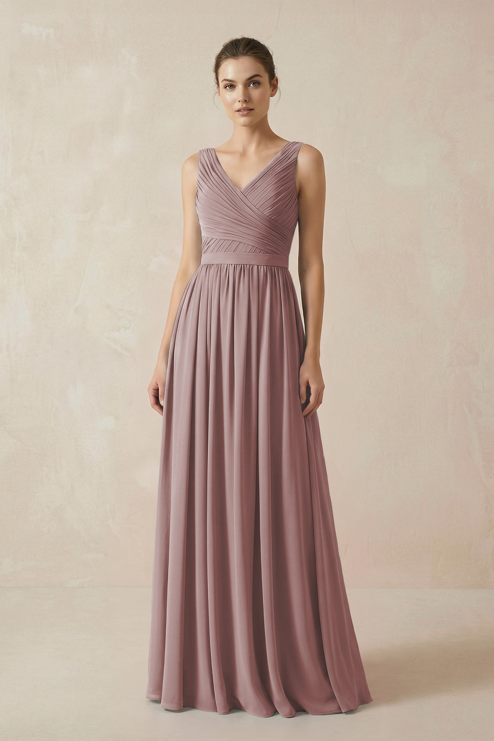 A-Line V-Neck Pleated Chiffon Bridesmaid Dress in Dusty Rose