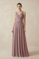 Dusty Rose A-Line V-Neck Pleated Chiffon Bridesmaid Dress | KISSBRIDAL