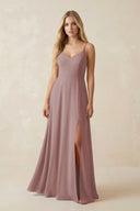 Dusty Rose Cami Strap A-Line Chiffon Bridesmaid Dress with Slit | KISSBRIDAL