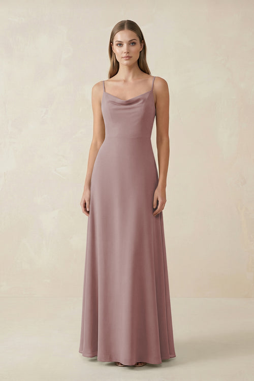 Dusty Rose Cami Strap A-Line Chiffon Bridesmaid Dress | KISSBRIDAL