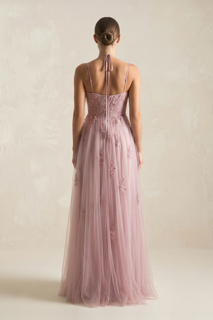 Dusty Rose Cami Strap Appliqued A-Line Tulle Bridesmaid Dress (2) | KISSBRIDAL