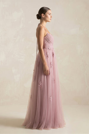 Dusty Rose Cami Strap Appliqued A-Line Tulle Bridesmaid Dress (3) | KISSBRIDAL