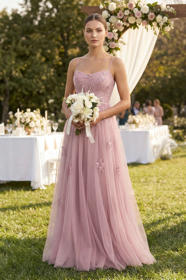 Dusty Rose Cami Strap Appliqued A-Line Tulle Bridesmaid Dress (4) | KISSBRIDAL