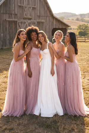 Dusty Rose Cami Strap Appliqued A-Line Tulle Bridesmaid Dress (5) | KISSBRIDAL