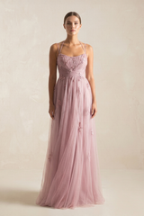 Dusty Rose Cami Strap Appliqued A-Line Tulle Bridesmaid Dress | KISSBRIDAL
