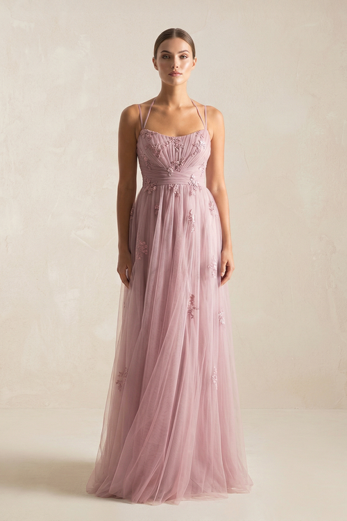 Dusty Rose Cami Strap Appliqued A-Line Tulle Bridesmaid Dress | KISSBRIDAL