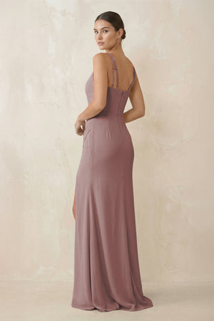 Dusty Rose Cami Strap Chiffon Sheath Bridesmaid Gown (2) | KISSBRIDAL