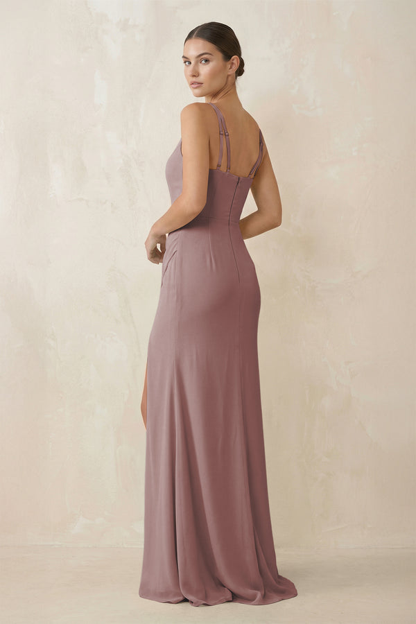 Dusty Rose Cami Strap Chiffon Sheath Bridesmaid Gown (2) | KISSBRIDAL