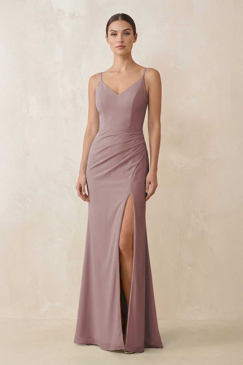 Cami Strap Chiffon Sheath Bridesmaid Gown in Dusty Rose