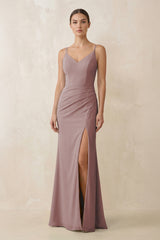 Dusty Rose Cami Strap Chiffon Sheath Bridesmaid Gown | KISSBRIDAL
