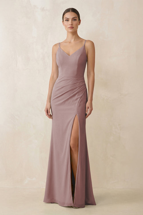 Dusty Rose Cami Strap Chiffon Sheath Bridesmaid Gown | KISSBRIDAL