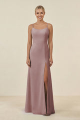 Dusty Rose Cami Strap Chiffon Sheath Bridesmaid Gown | KISSBRIDAL