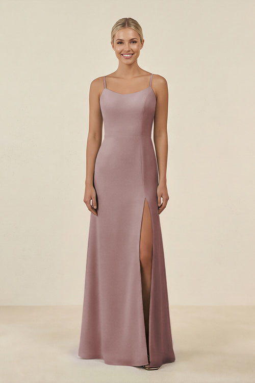 Dusty Rose Cami Strap Chiffon Sheath Bridesmaid Gown | KISSBRIDAL