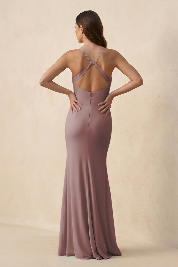 Dusty Rose Cami Strap Sheath Chiffon Bridesmaid Dress with Slit (2) | KISSBRIDAL