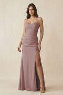 Dusty Rose Cami Strap Sheath Chiffon Bridesmaid Dress with Slit | KISSBRIDAL