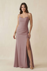 Dusty Rose Cami Strap Sheath Chiffon Bridesmaid Dress with Slit | KISSBRIDAL