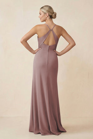 Dusty Rose Cami Strap Sheath Ruched Bridesmaid Dress With Slit (2) | KISSBRIDAL