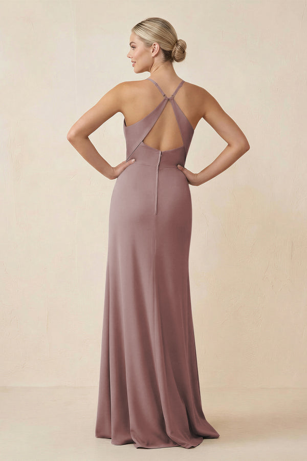 Dusty Rose Cami Strap Sheath Ruched Bridesmaid Dress With Slit (2) | KISSBRIDAL
