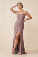 Dusty Rose Cami Strap Sheath Ruched Bridesmaid Dress With Slit | KISSBRIDAL