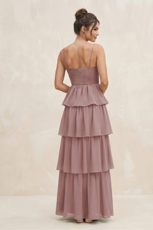 Dusty Rose Cami Strap Tiered A-Line Chiffon Bridesmaid Dress (2) | KISSBRIDAL