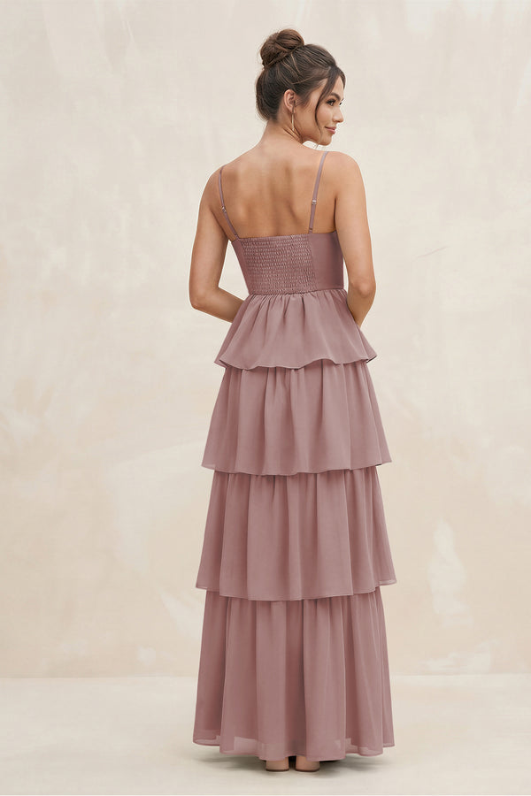 Dusty Rose Cami Strap Tiered A-Line Chiffon Bridesmaid Dress (2) | KISSBRIDAL