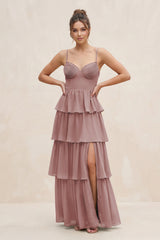 Dusty Rose Cami Strap Tiered A-Line Chiffon Bridesmaid Dress | KISSBRIDAL