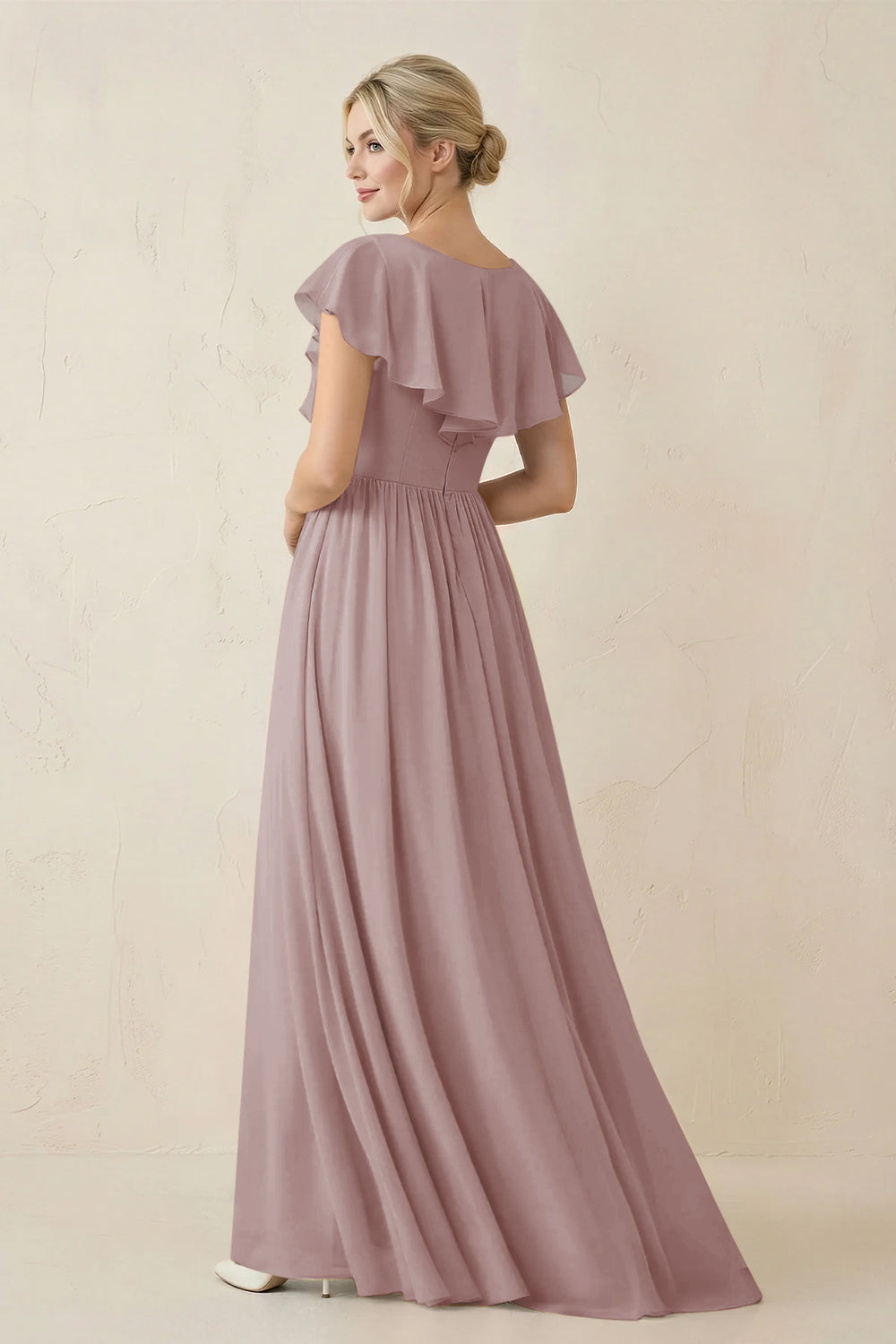 Cap Sleeve A-Line Ruffled Chiffon Bridesmaid Dress in Dusty Rose