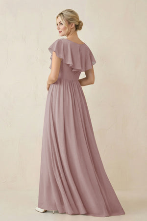 Dusty Rose Cap Sleeve A-Line Ruffled Chiffon Bridesmaid Dress (2) | KISSBRIDAL