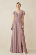 Dusty Rose Cap Sleeve A-Line Ruffled Chiffon Bridesmaid Dress | KISSBRIDAL
