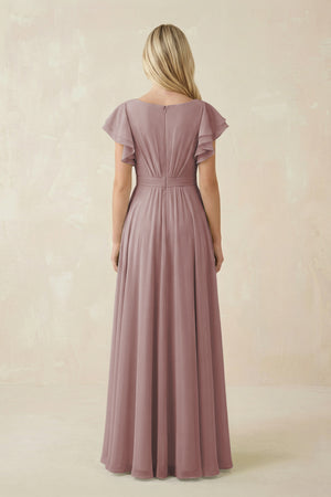 Dusty Rose Cap Sleeve Ruffled A-Line Chiffon Bridesmaid Dress (2) | KISSBRIDAL