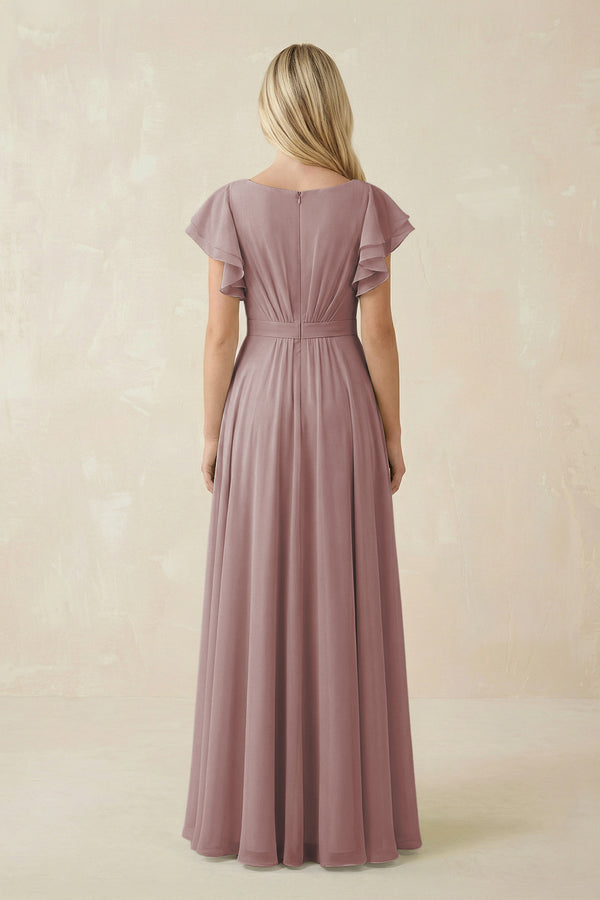 Dusty Rose Cap Sleeve Ruffled A-Line Chiffon Bridesmaid Dress (2) | KISSBRIDAL