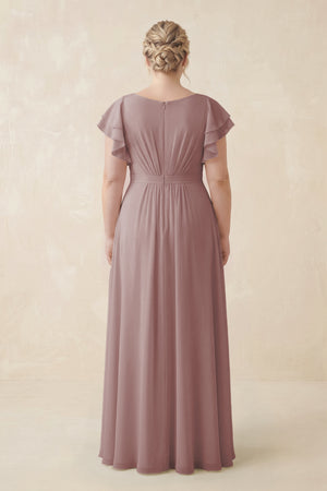 Dusty Rose Cap Sleeve Ruffled A-Line Chiffon Bridesmaid Dress (2) | KISSBRIDAL