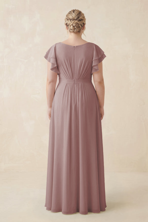 Dusty Rose Cap Sleeve Ruffled A-Line Chiffon Bridesmaid Dress (2) | KISSBRIDAL