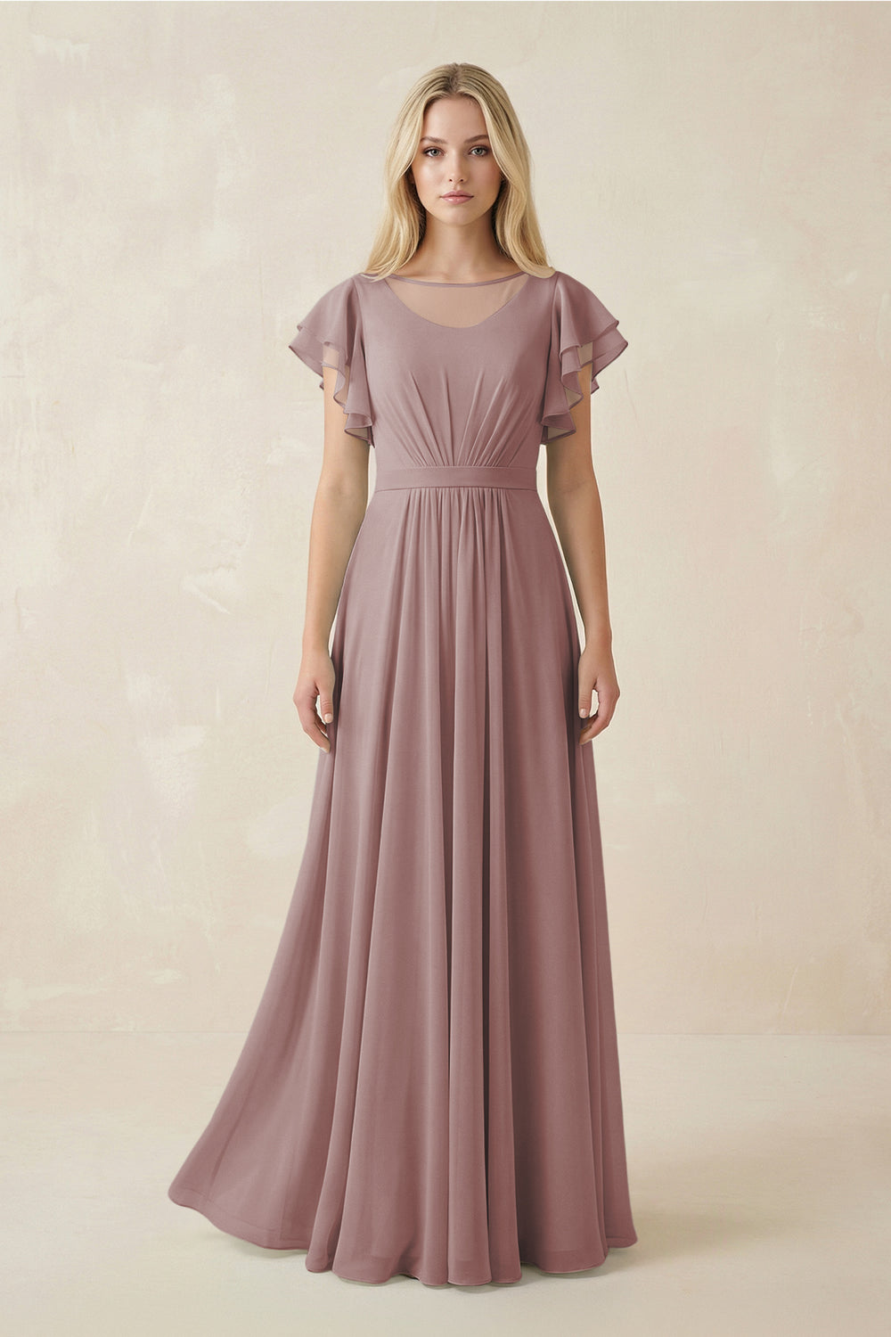Cap Sleeve Ruffled A-Line Chiffon Bridesmaid Dress in Dusty Rose