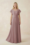 Dusty Rose Cap Sleeve Ruffled A-Line Chiffon Bridesmaid Dress | KISSBRIDAL