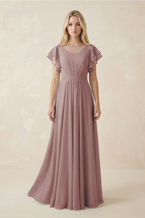 Dusty Rose Cap Sleeve Ruffled A-Line Chiffon Bridesmaid Dress | KISSBRIDAL
