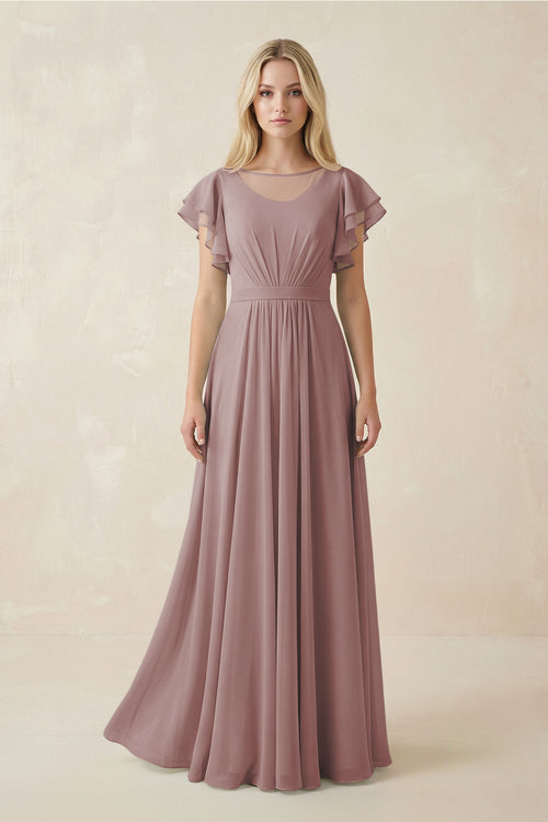 Dusty Rose Cap Sleeve Ruffled A-Line Chiffon Bridesmaid Dress | KISSBRIDAL