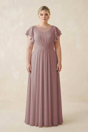Dusty Rose Cap Sleeve Ruffled A-Line Chiffon Bridesmaid Dress | KISSBRIDAL